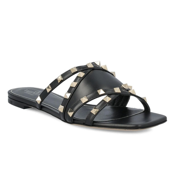 Valentino Rockstud Crisscross Strap Leather Black Slide Slip On Flat Sandal 40 - Picture 3 of 16